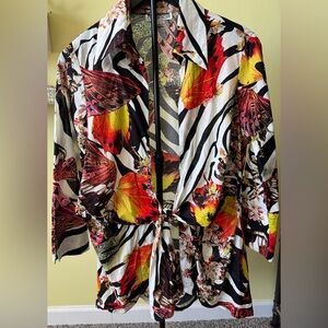 Mishca 100% Cotton Butterfly Floral Zebra Tie Front  Boho Artsy‎ Y2K Retro Top L